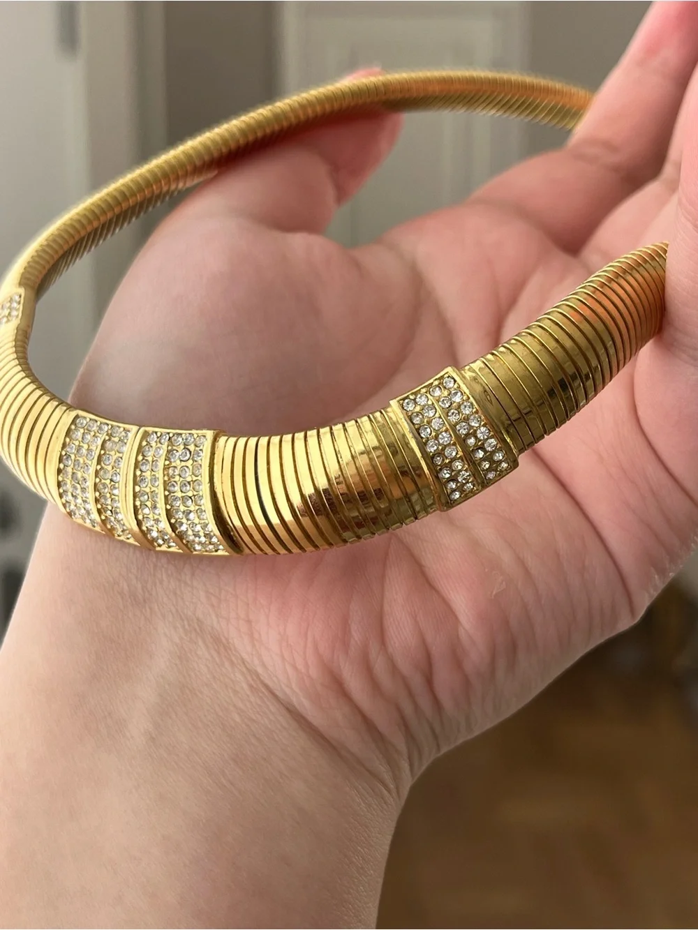 Authentic Vintage Dior Rhinestone Pavé Gold Thick Ribbed Chain Choker Necklace